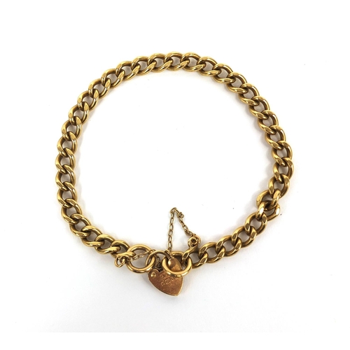 2526 - 9ct gold bracelet with love heart shaped padlock, 18cm long, approximate weight  15.2g