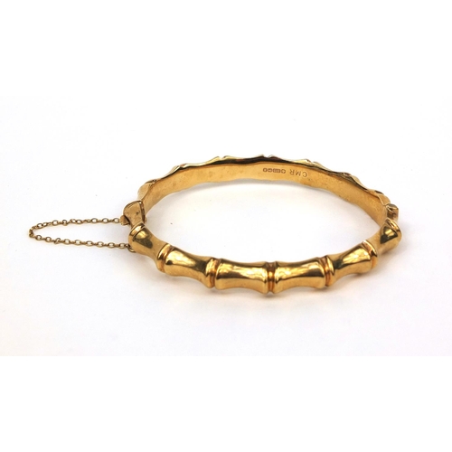 2498 - 9ct gold bamboo design bangle, 6.5cm in diameter, approximate weight  10.6g