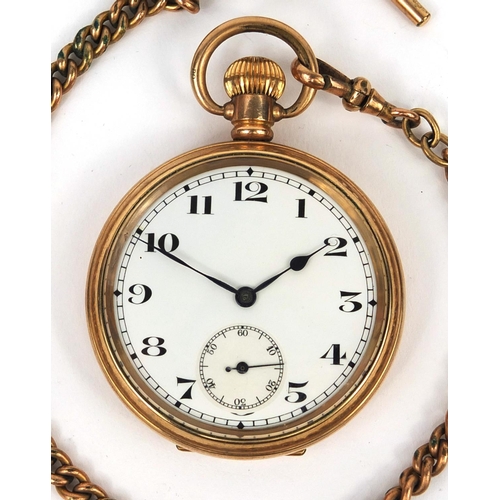 2516 - Gentleman's gold plated open face pocket watch, 5cm in diameter with a gold plated watch chain, appr... 