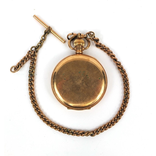 2516 - Gentleman's gold plated open face pocket watch, 5cm in diameter with a gold plated watch chain, appr... 