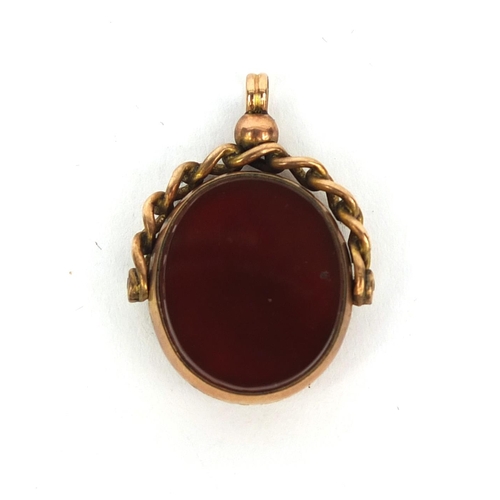 2518 - 9ct gold bloodstone and cornelian spinner fob, 3cm long, approximate weight  6.6g