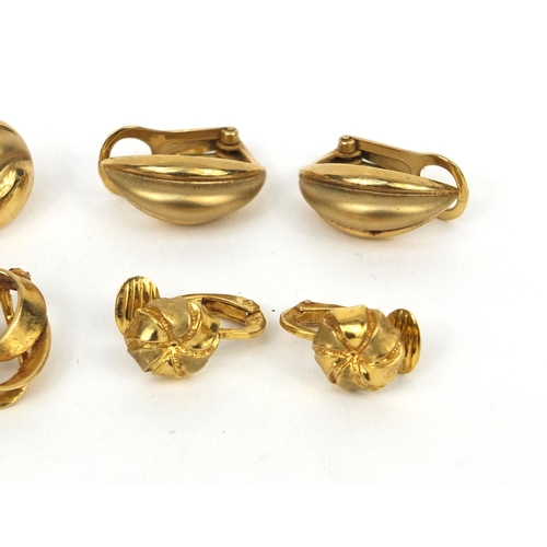 2532 - Four pairs of 9ct gold clip on earrings, the larger 1.8cm long, approximate weight  10.2g