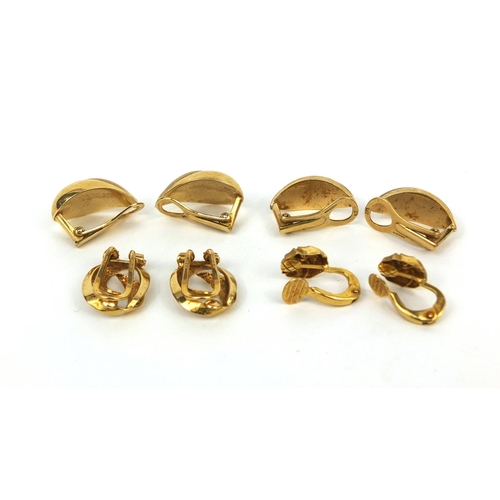 2532 - Four pairs of 9ct gold clip on earrings, the larger 1.8cm long, approximate weight  10.2g