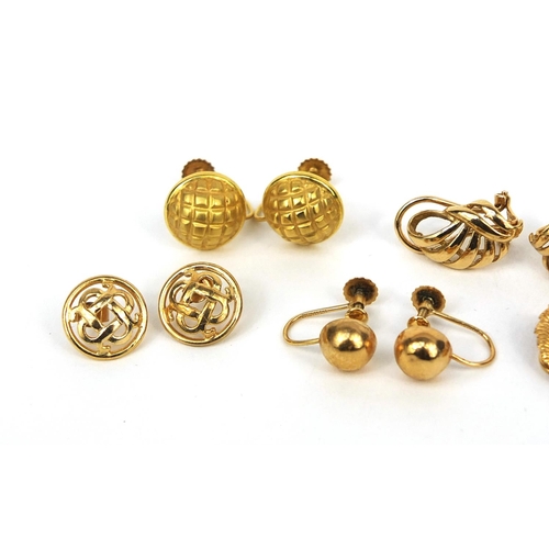 2500 - Four pairs of 9ct gold earrings and a pair of gold coloured metal earrings, comprising studs, clips ... 