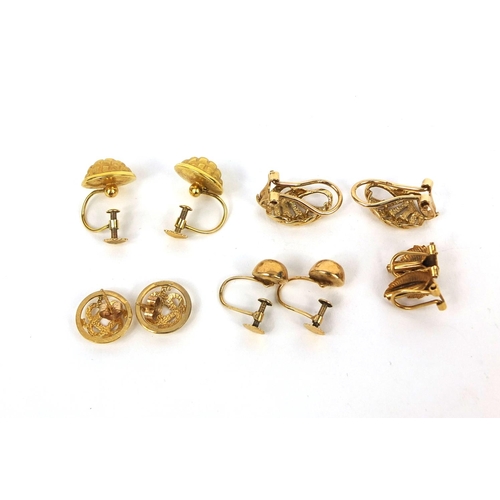 2500 - Four pairs of 9ct gold earrings and a pair of gold coloured metal earrings, comprising studs, clips ... 