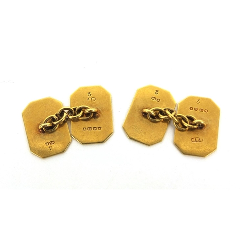 2505 - Pair of 18ct gold cufflinks with engine turned decoration, 1.6cm long, approximate weight  7.0g