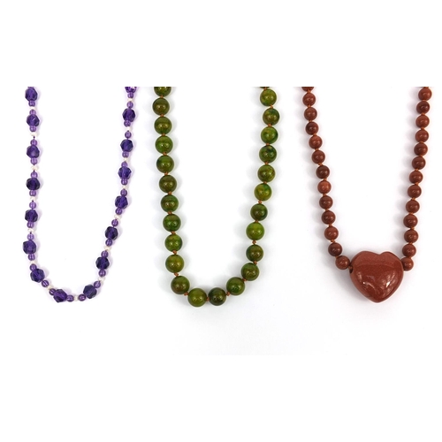 2704 - Five polished stone bead necklaces including amethyst and quartz