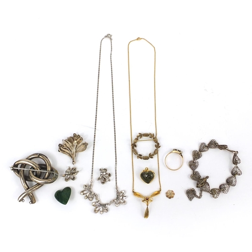 2643 - Assorted jewellery including a 9ct gold diamond crossover ring, silver necklaces, a wreath brooch et... 