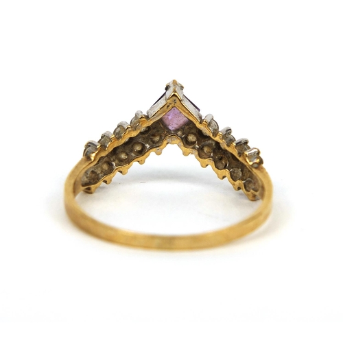 2607 - 9ct gold clear stone and amethyst wish bone ring, size Q, approximate weight  1.8g