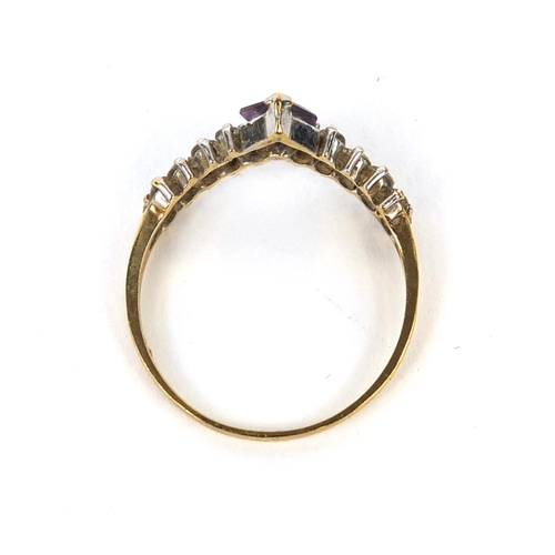 2607 - 9ct gold clear stone and amethyst wish bone ring, size Q, approximate weight  1.8g