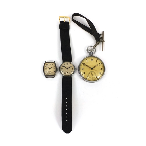 2541 - Military interest pocket watch and two vintage wristwatches including a Cyma example