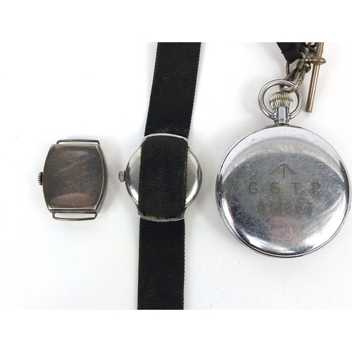 2541 - Military interest pocket watch and two vintage wristwatches including a Cyma example