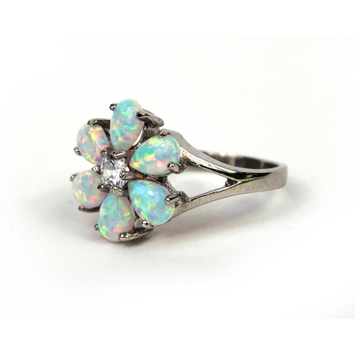 2571 - Silver opalite and cubic zirconia flower head ring, size P, approximate weight 3.7