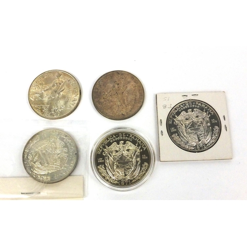 2759 - Five silver Panama 1 balboas including silver proof examples, comprising 1947, 1953, 1971, 1971 and ... 