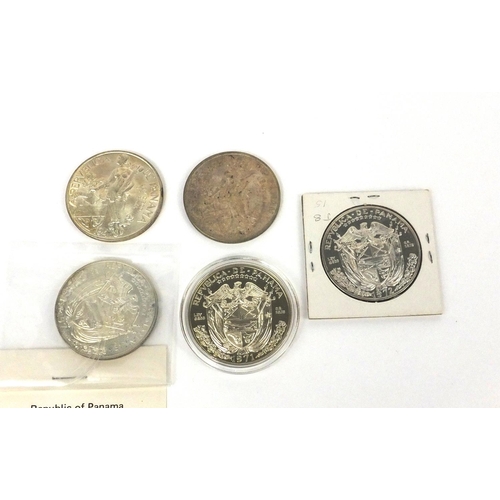 2759 - Five silver Panama 1 balboas including silver proof examples, comprising 1947, 1953, 1971, 1971 and ... 