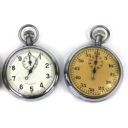 2669 - Four white metal stop watches including a Smiths example