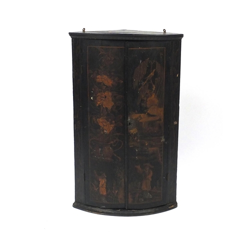 2065 - Oriental Chinoiserie  bow fronted hanging corner cupboard enclosing three fixed shelves, 91cm high x... 