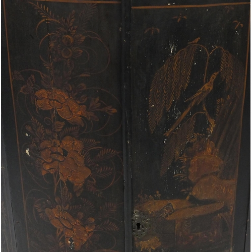 2065 - Oriental Chinoiserie  bow fronted hanging corner cupboard enclosing three fixed shelves, 91cm high x... 