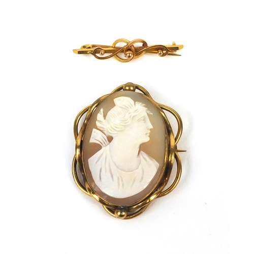 2576 - 9ct gold bar brooch and cameo maiden head brooch with gilt metal mount, 5cm high,  approximate weigh... 