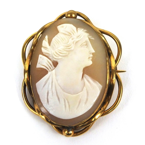 2576 - 9ct gold bar brooch and cameo maiden head brooch with gilt metal mount, 5cm high,  approximate weigh... 