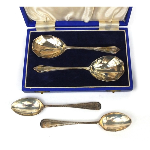 2459 - Silver items comprising a cased pair of spoons, two cruet items and two teaspoons, various hallmarks... 