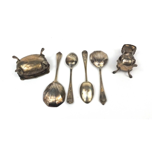 2459 - Silver items comprising a cased pair of spoons, two cruet items and two teaspoons, various hallmarks... 