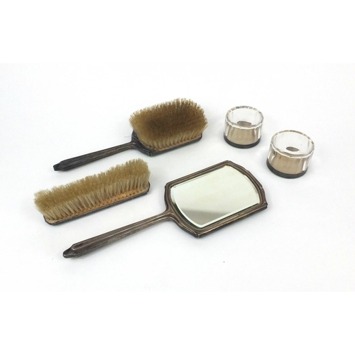 2444 - Silver and green guilloche enamelled five piece dressing table set comprising hand mirror, two brush... 