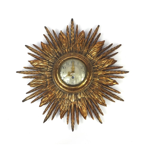 2066 - Vintage gilt wood sunburst design wall clock with silvered dial and Arabic numerals, impressed '26' ... 