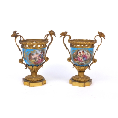 2275 - Pair of Sevres porcelain and ormolu urn shaped vases, each with birds mounted on the handles, 17cm h... 