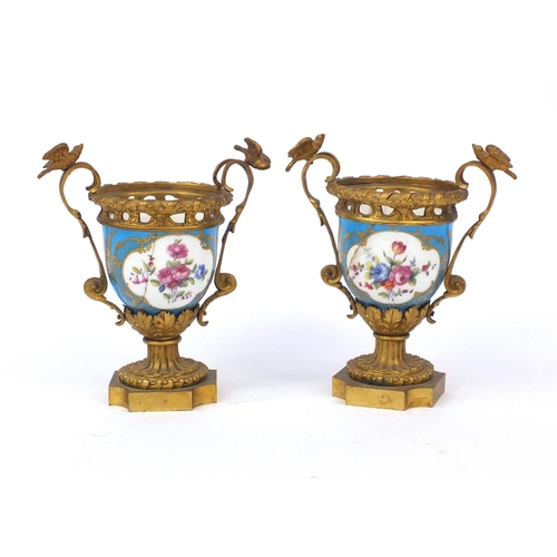 2275 - Pair of Sevres porcelain and ormolu urn shaped vases, each with birds mounted on the handles, 17cm h... 