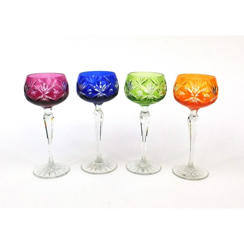 2369 - Four colourful flashed cut glass wine goblets, each 20cm high