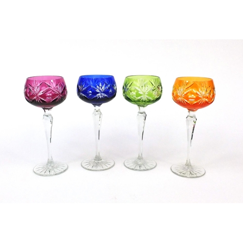 2369 - Four colourful flashed cut glass wine goblets, each 20cm high