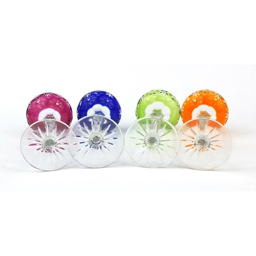 2369 - Four colourful flashed cut glass wine goblets, each 20cm high