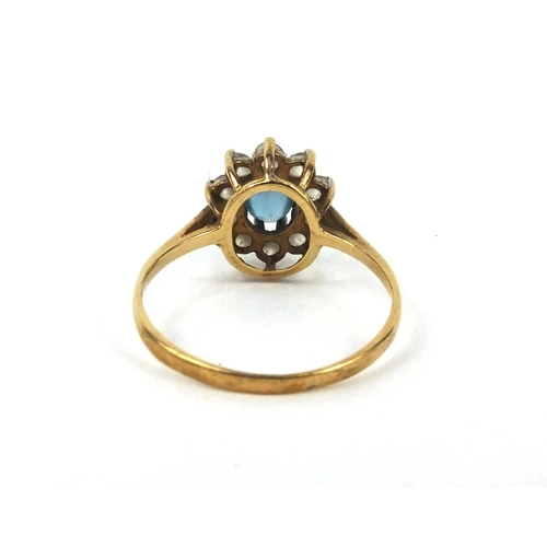 2634 - 9ct gold blue topaz and clear stone ring, size N, approximate weight 1.8g