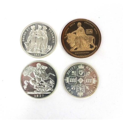 2745 - Four modern silver pattern coins including 1837 crown and a 1953 florin, approximate weight 116g