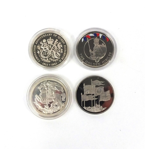 2744 - Four silver proof coins including Ballywick of Guernsey £2 commemorating the Coronation Anniversary ... 