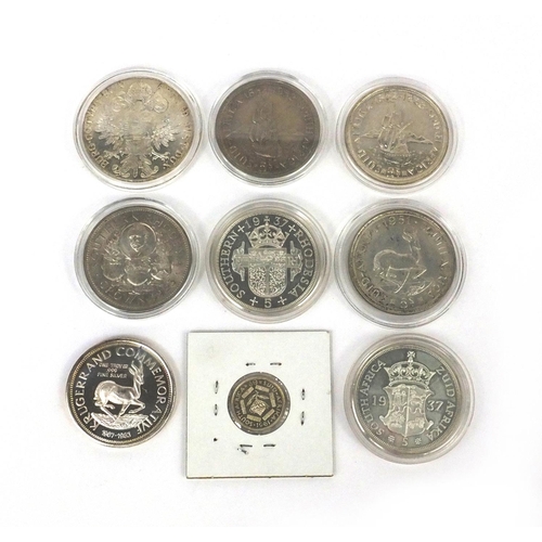 2767 - Nine world silver coins, some proof, including South African 5/- and a one troy ounce fine silver Kr... 