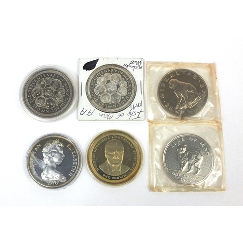 2748 - Six silver coins - four with fitted cases, including 1979 Isle of Man one crown, 1974 Isle of Man Wi... 