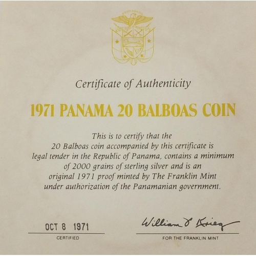 2751 - The Franklin Mint silver proof 1971 Panama 20 balboas coin with fitted case and certificate of authe... 