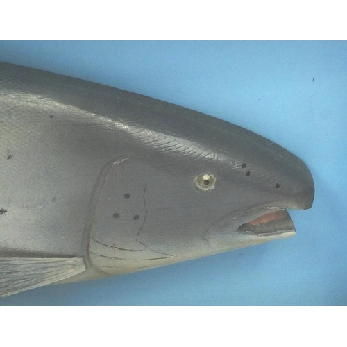 2091 - Taxidermy interest carved wooden salmon housed in a bow fronted wooden display case, the case 43cm h... 