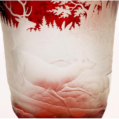 726 - Large 19th century Bohemian ruby flashed glass goblet vase and cover, etched with a stag in a contin... 