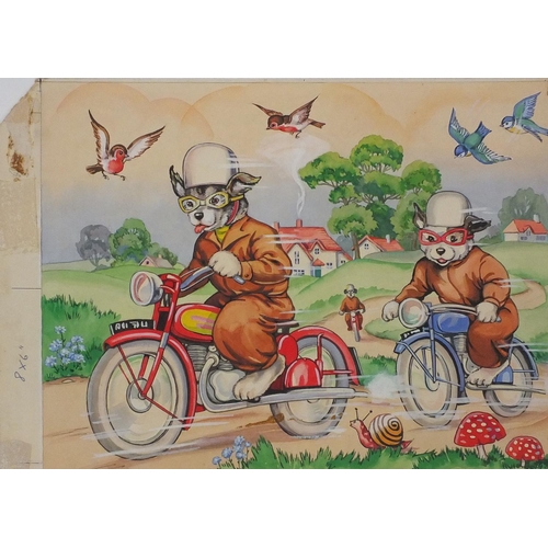 418 - Unframed comical watercolour onto card of dogs riding motorcycles, 32cm x 23cm