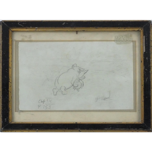 2381A - Pencil sketch onto paper of Winnie the Pooh and Piglet, bearing a signature Shepherd, mounted and fr... 