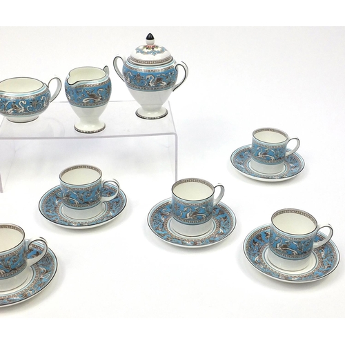 2229 - Wedgwood turquoise Florentine patterned six place coffee set comprising coffeepot, milk jug, lidded ... 