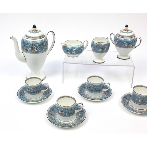 2229 - Wedgwood turquoise Florentine patterned six place coffee set comprising coffeepot, milk jug, lidded ... 