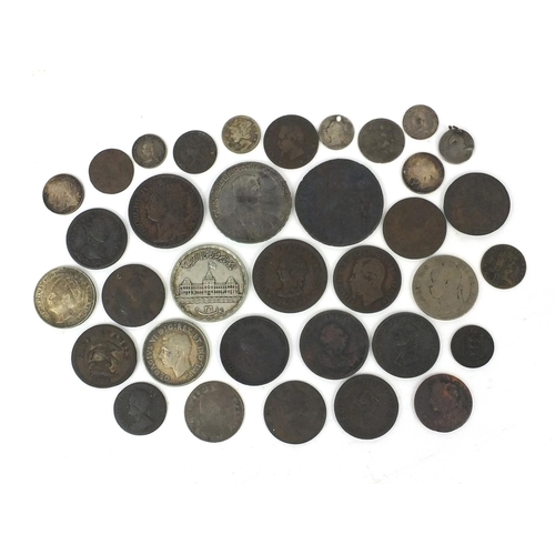 2782 - 18th Century British and world coinage, some silver, including halfpenny tokens and threepenny bits