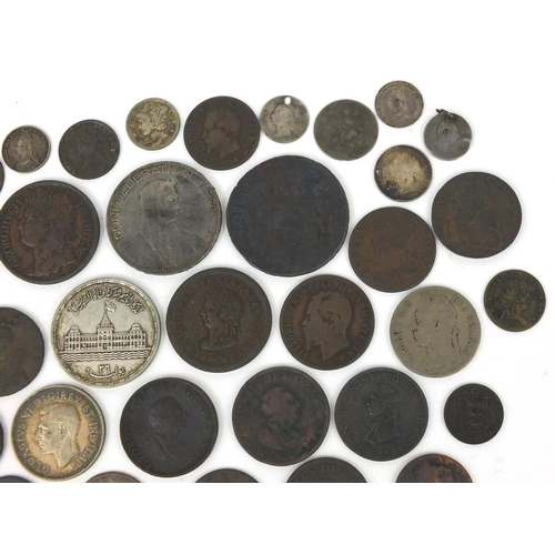 2782 - 18th Century British and world coinage, some silver, including halfpenny tokens and threepenny bits