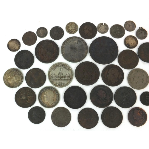 2782 - 18th Century British and world coinage, some silver, including halfpenny tokens and threepenny bits