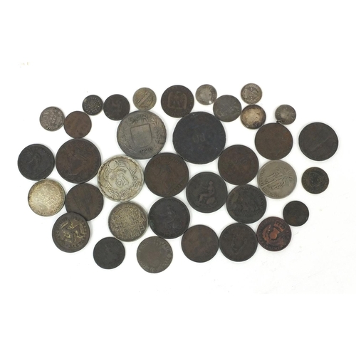 2782 - 18th Century British and world coinage, some silver, including halfpenny tokens and threepenny bits