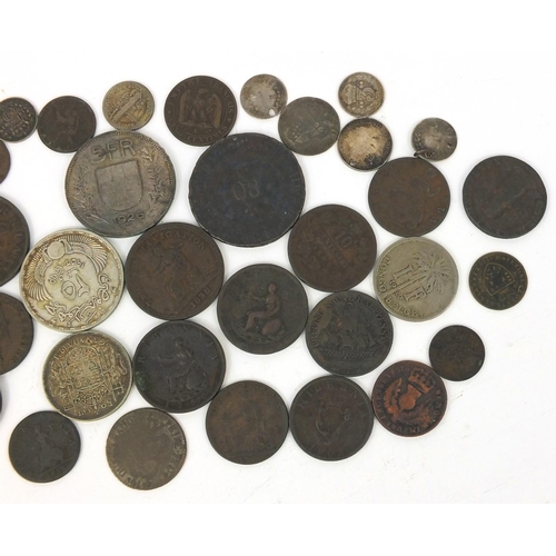 2782 - 18th Century British and world coinage, some silver, including halfpenny tokens and threepenny bits